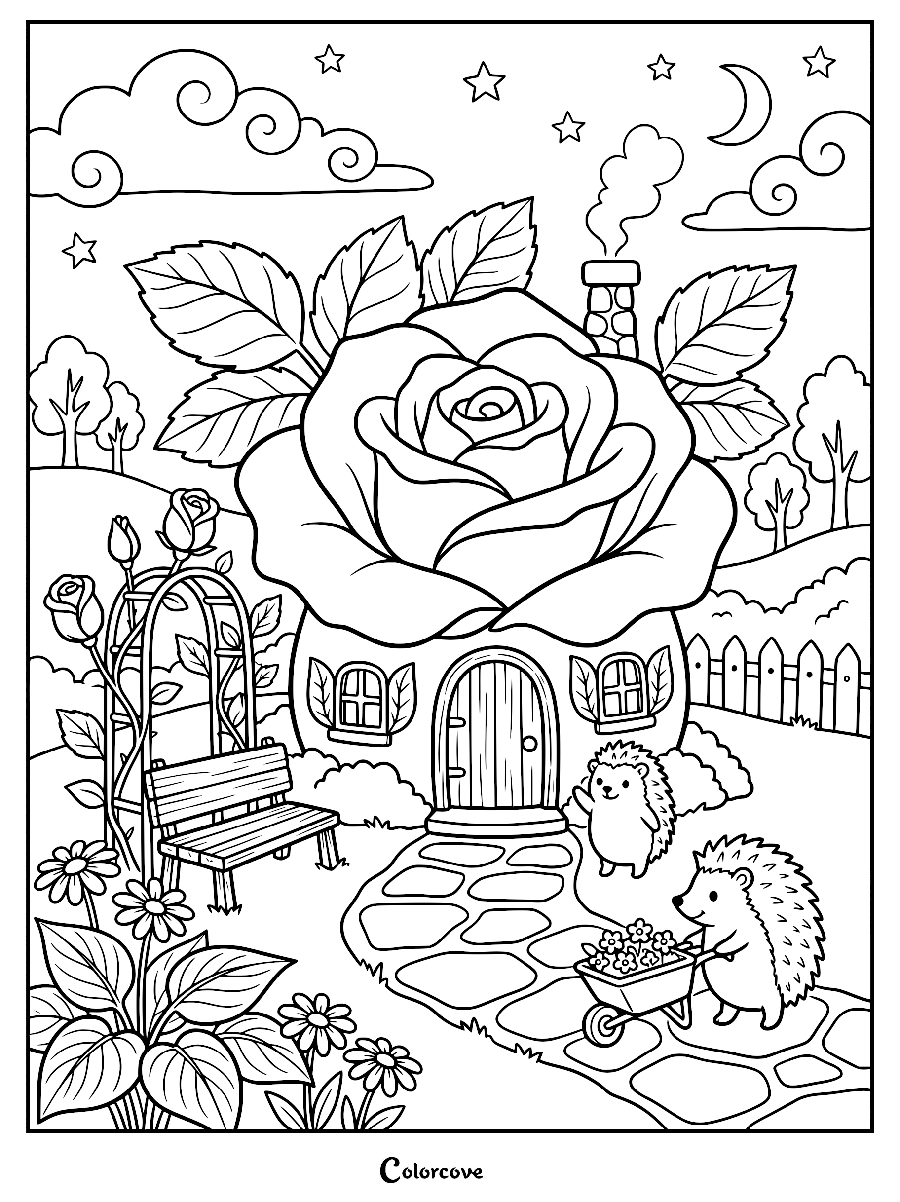 Two hedgehogs in a garden with a rose-shaped house, a stone path, and a wheelbarrow, printable coloring page.