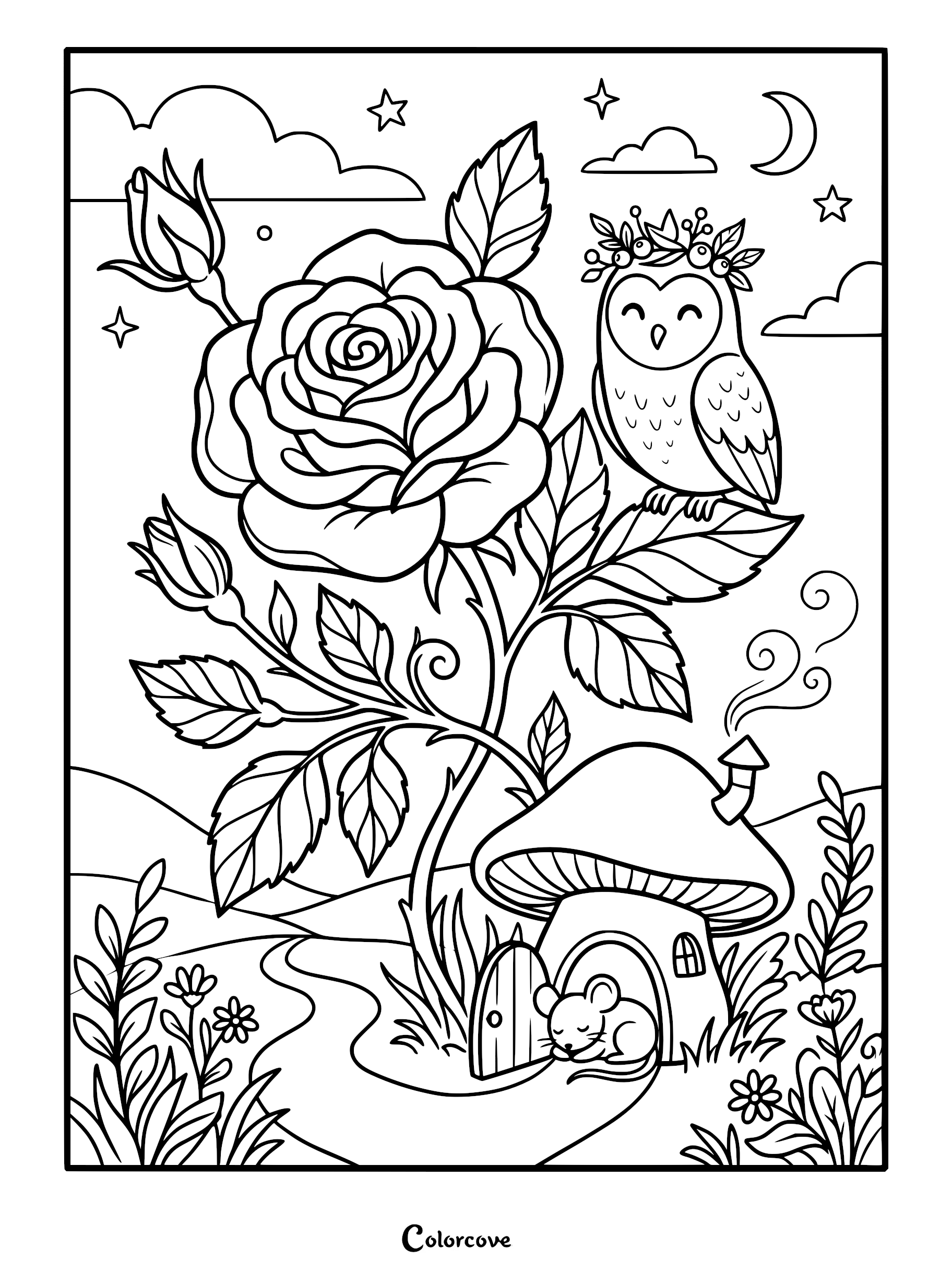 A cute owl wearing a floral crown perched on a rose stem above a mouse sleeping in a mushroom house coloring page.