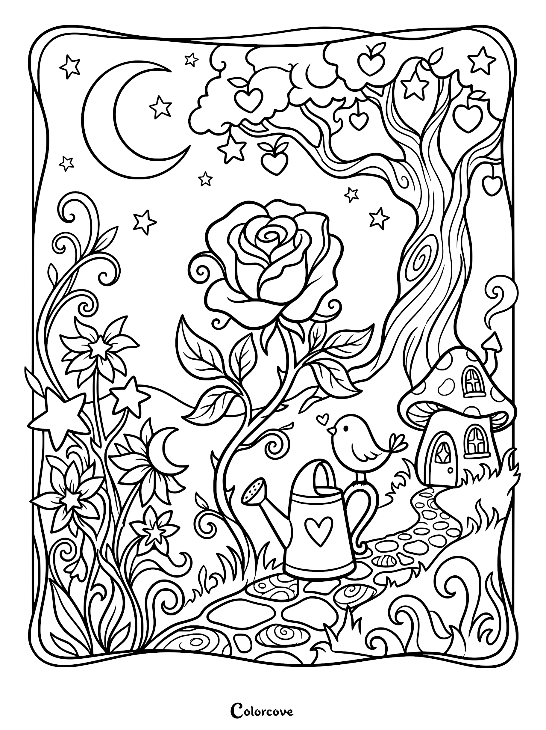A whimsical coloring page featuring a large rose, a bird perched on a heart-patterned watering can, and a mushroom house under a crescent moon.