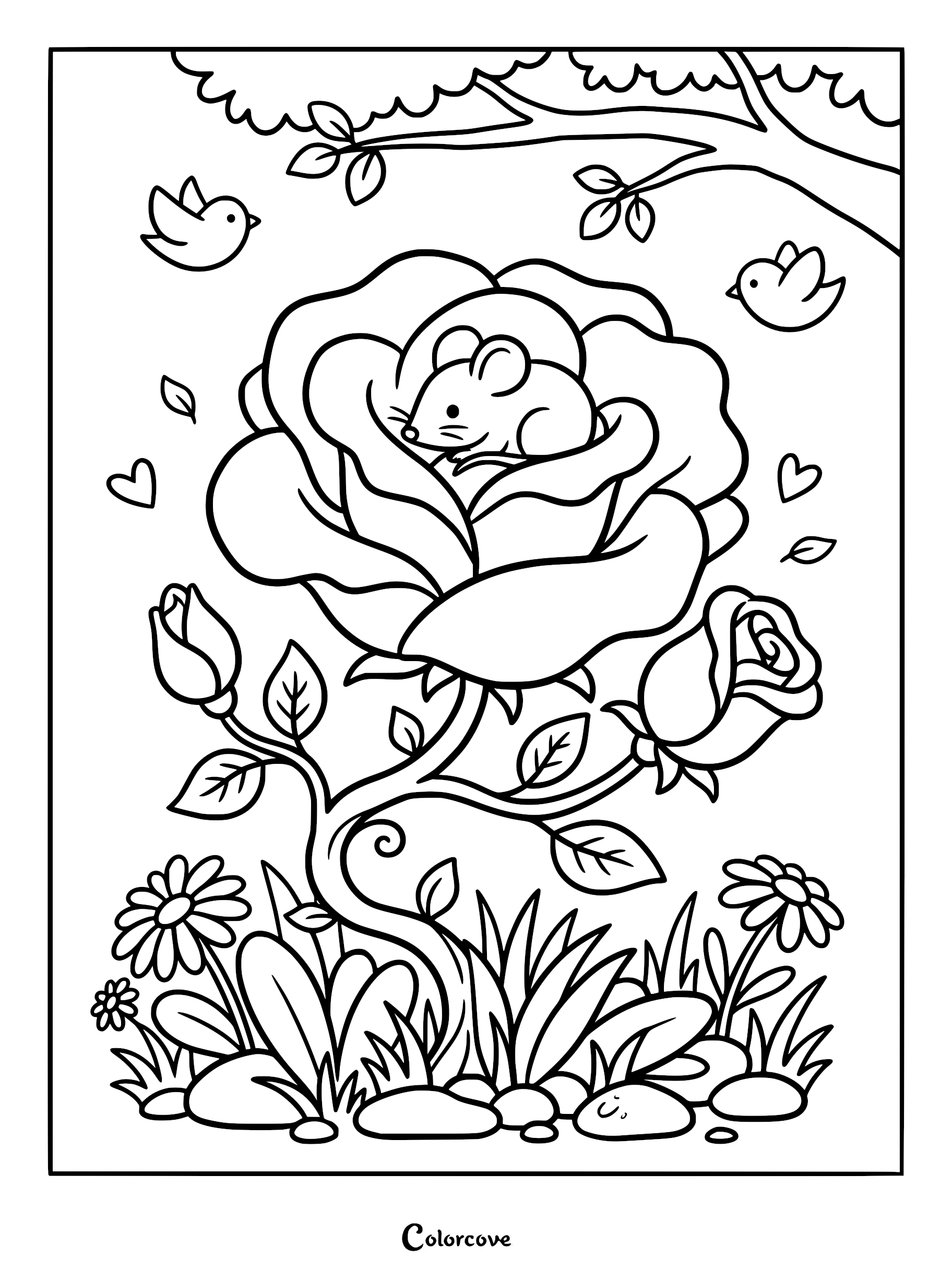 A cute mouse sleeping inside a large blooming rose coloring page with birds and flowers.