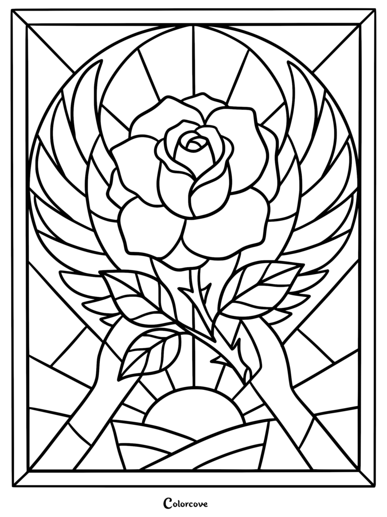A stained glass style coloring page featuring a blooming rose with large feathered wings, set against a sunburst background.