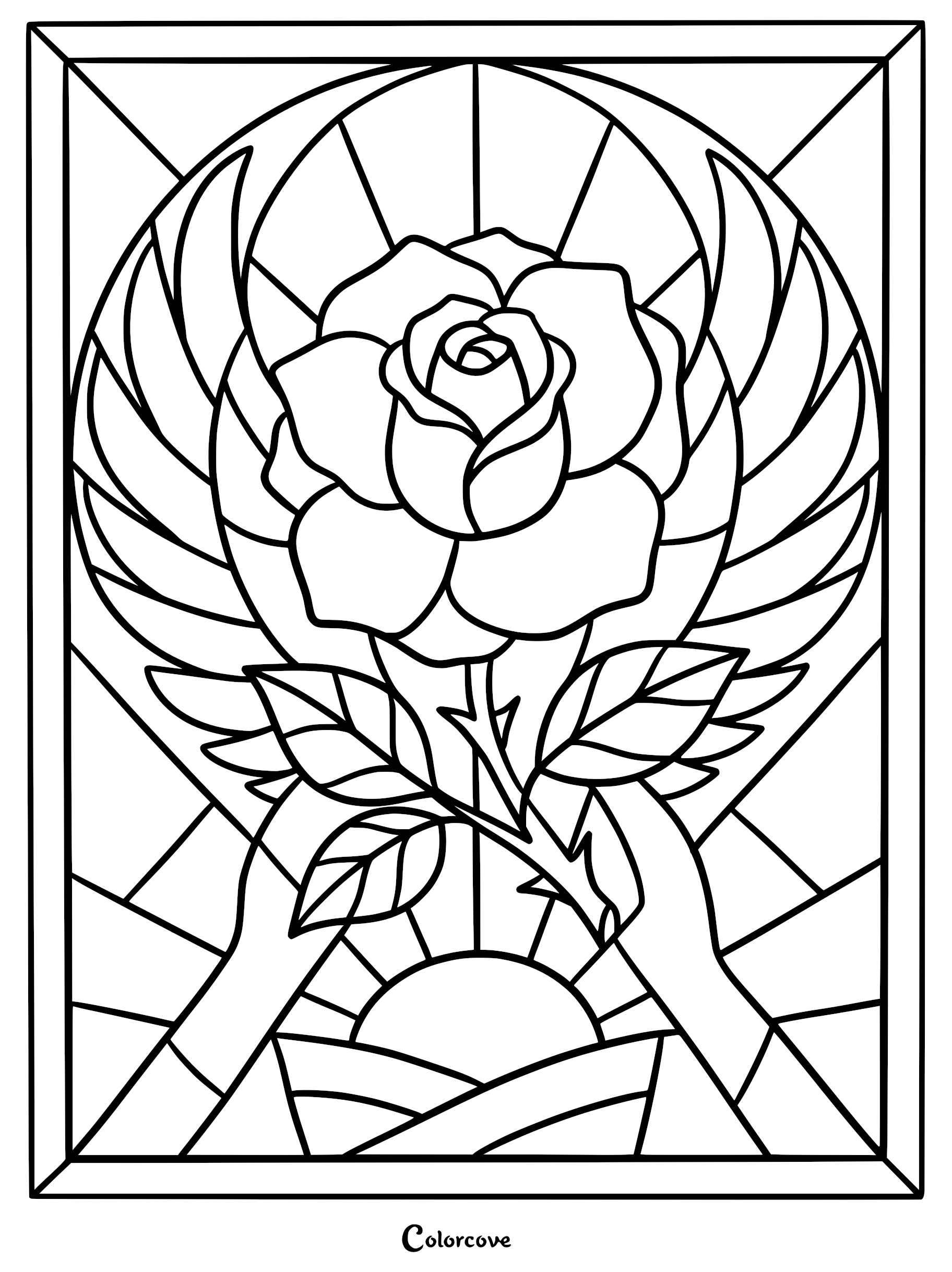 A stained glass style coloring page featuring a blooming rose with large feathered wings, set against a sunburst background.