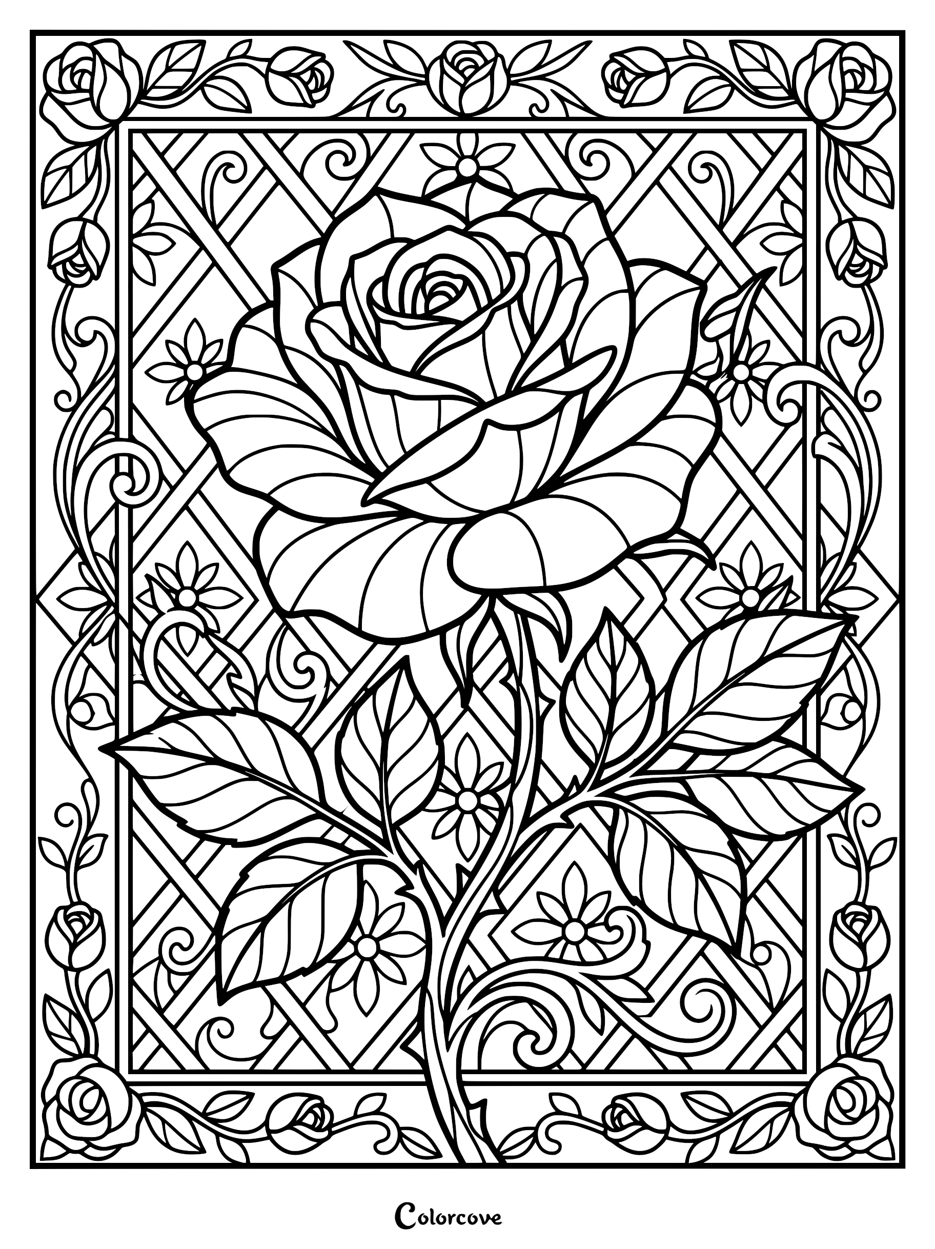 A detailed rose coloring page featuring a large central bloom against a diamond lattice pattern with floral border accents.
