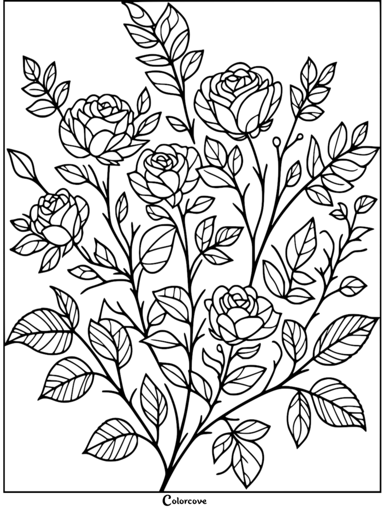 A detailed rose coloring page featuring a lush bouquet of blooming flowers and leafy stems.
