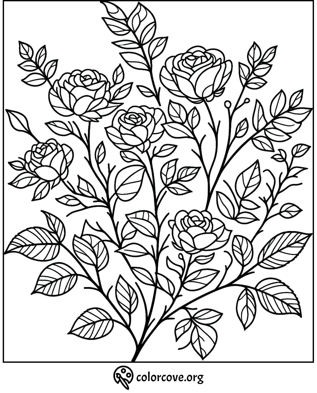 Floral coloring page with detailed rose flowers and leaves for kids and adults to color.