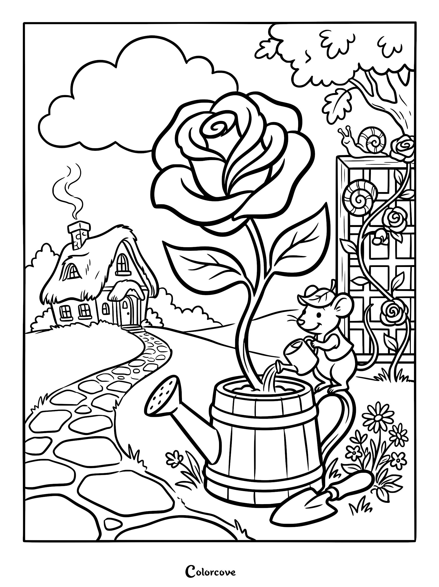 A cute mouse wearing a leaf hat waters a large rose growing in a wooden barrel, with a cottage and trellis in the background of this coloring page.