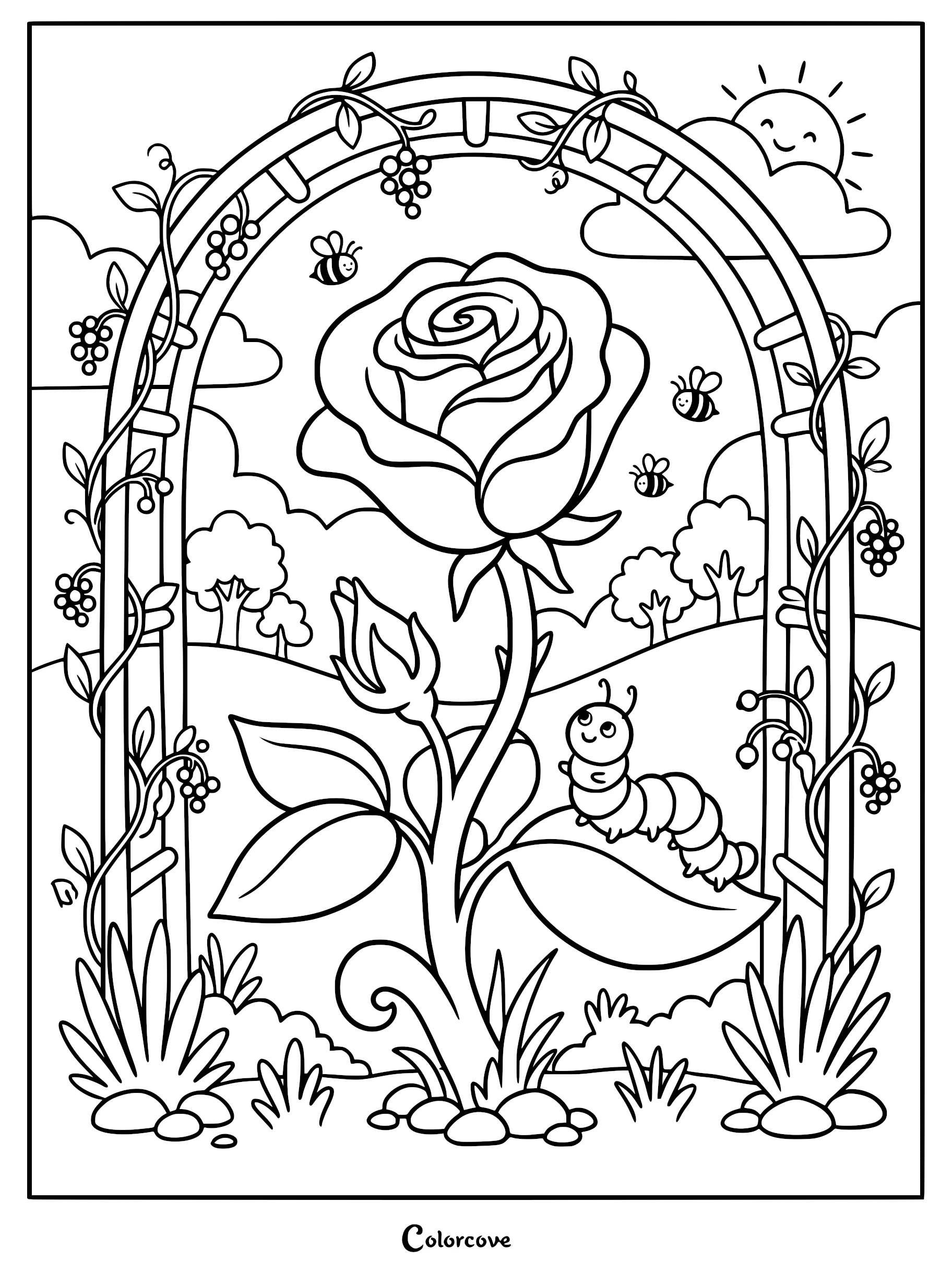A large rose and bud under a garden arch with a caterpillar on a leaf and bees flying nearby in this coloring page.