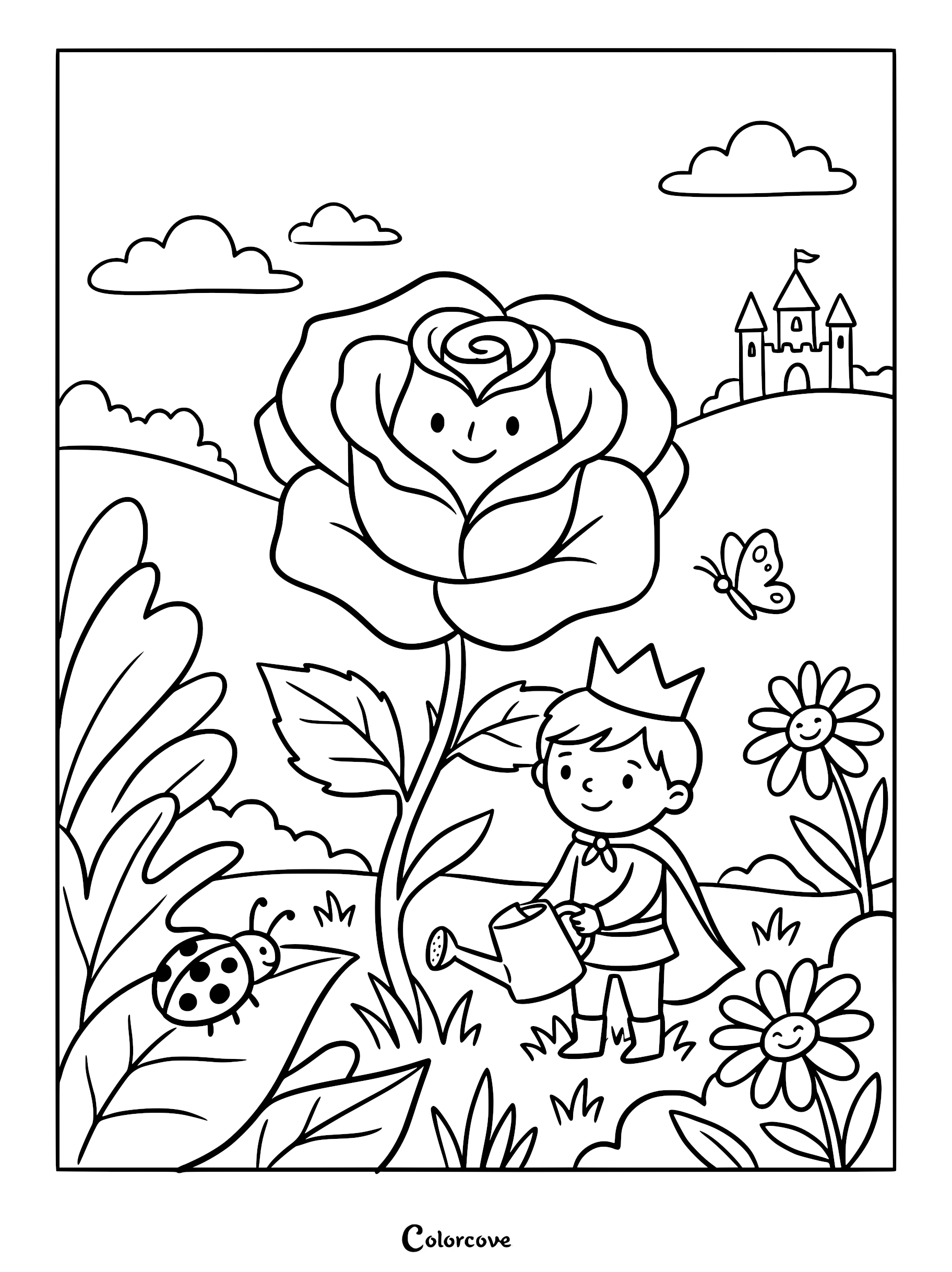 A little prince with a crown and cape watering a giant smiling rose in a garden with a castle in the background on this coloring page.