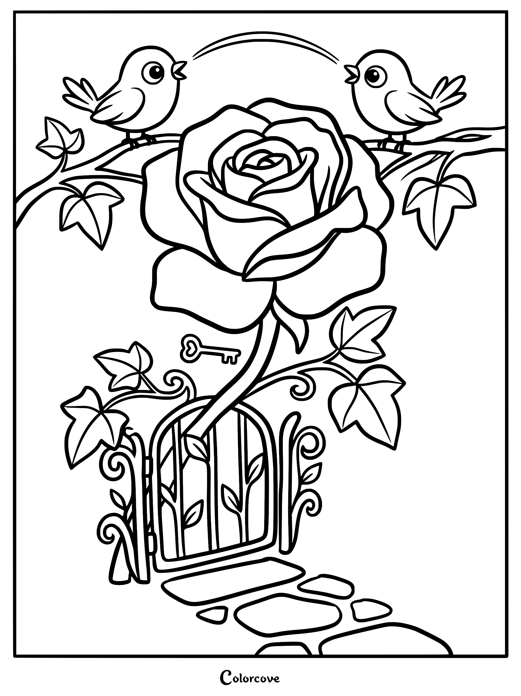 A coloring page featuring a large blooming rose above a small garden gate with two birds perched on a branch and a key nearby.
