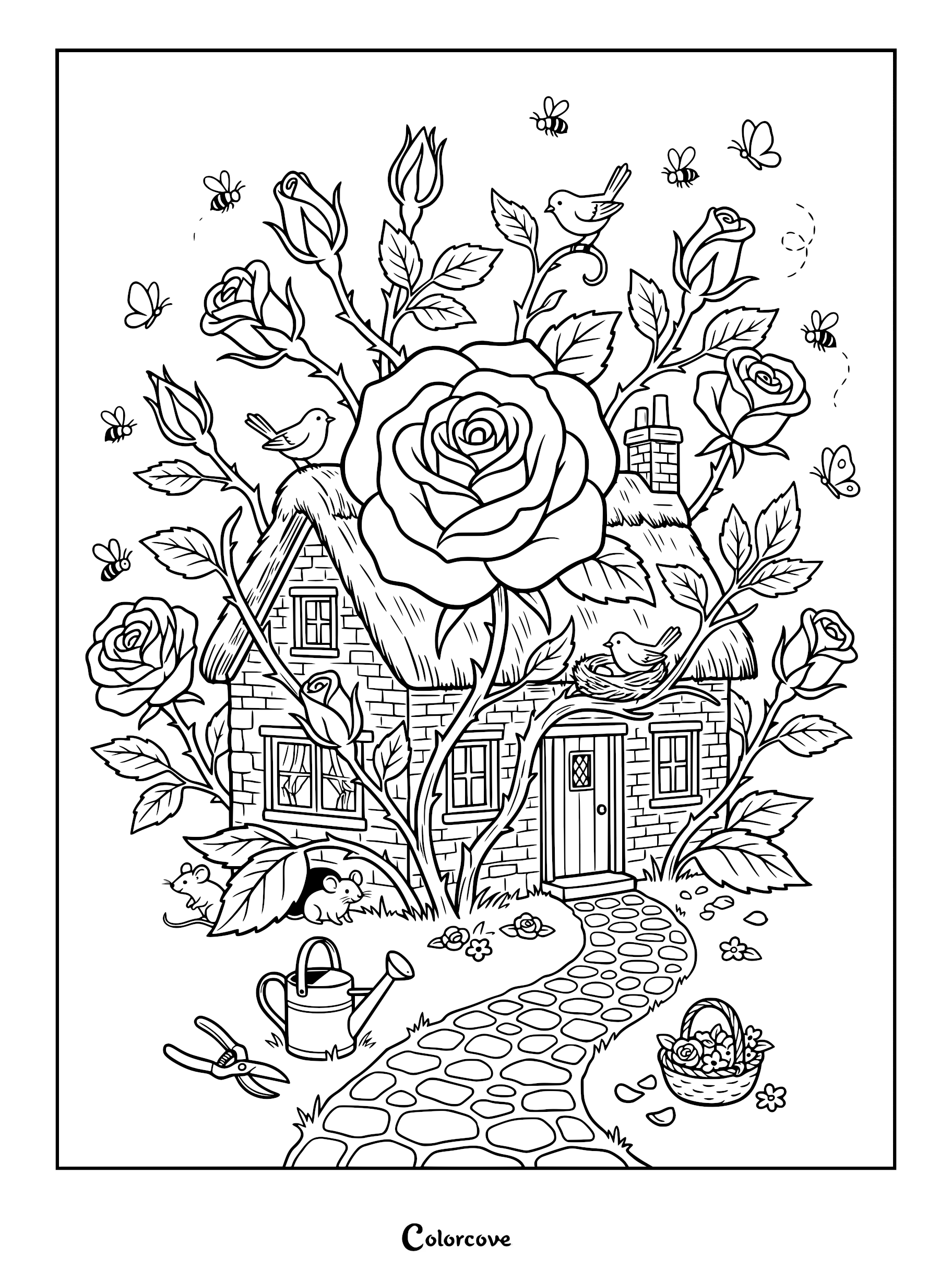 A detailed rose cottage coloring page featuring a stone house overgrown with large roses, birds, bees, butterflies, and mice near a garden path.
