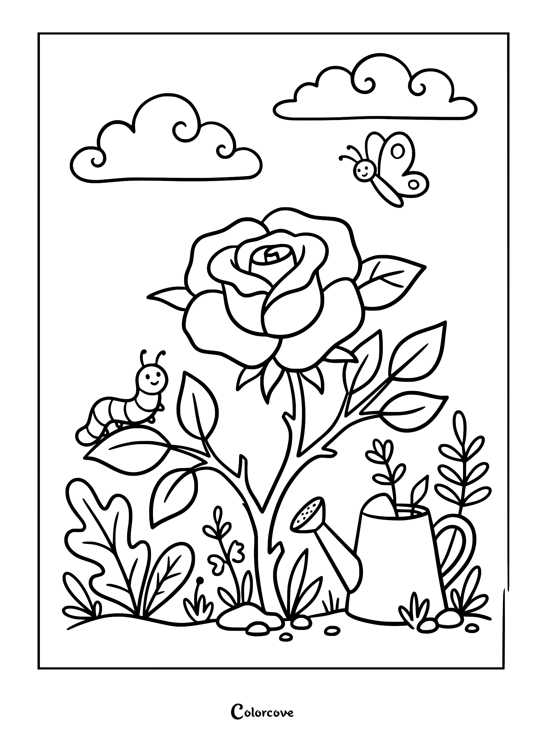 A rose flower with a caterpillar on a leaf, a flying butterfly, and a watering can in a garden coloring page.