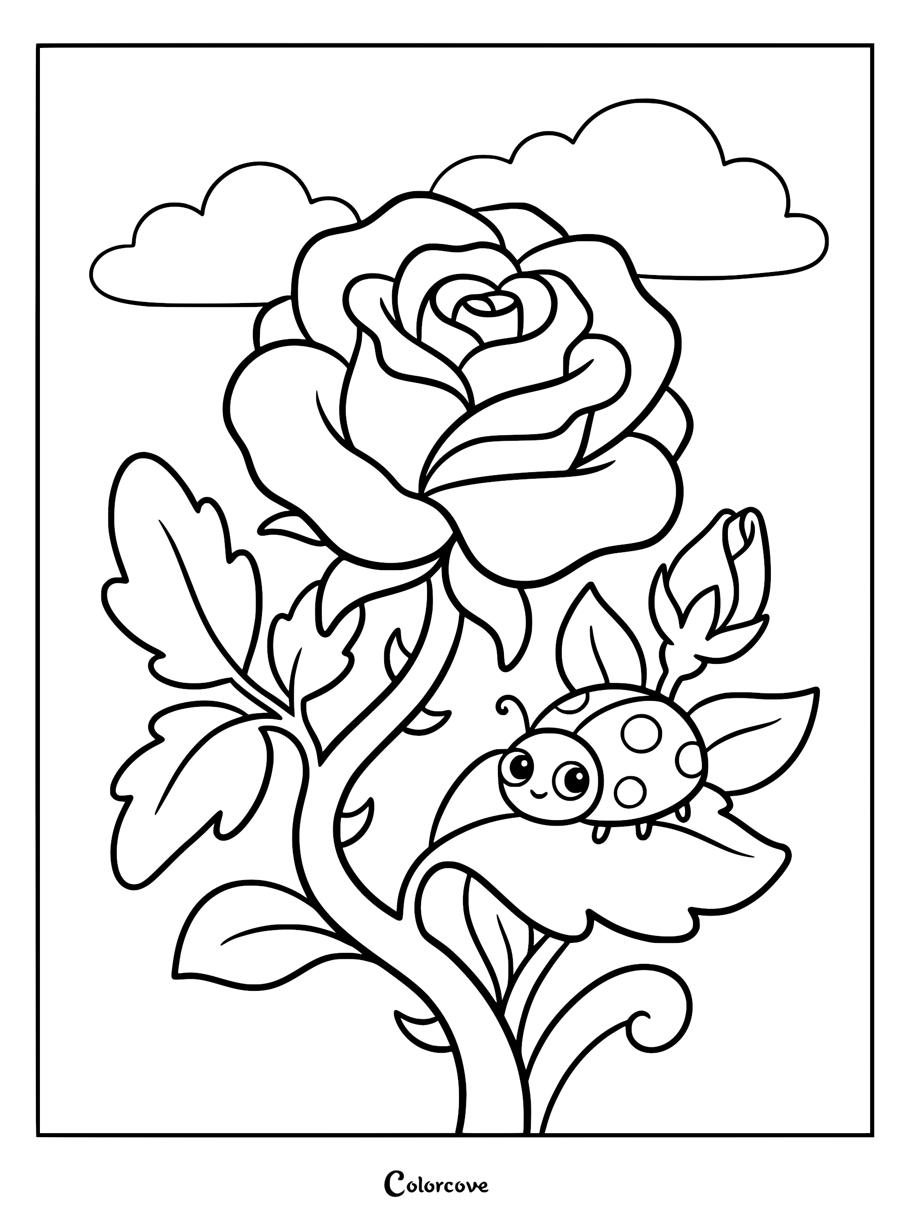 A cute ladybug resting on a leaf of a blooming rose flower with clouds in the background, presented as a printable coloring page.