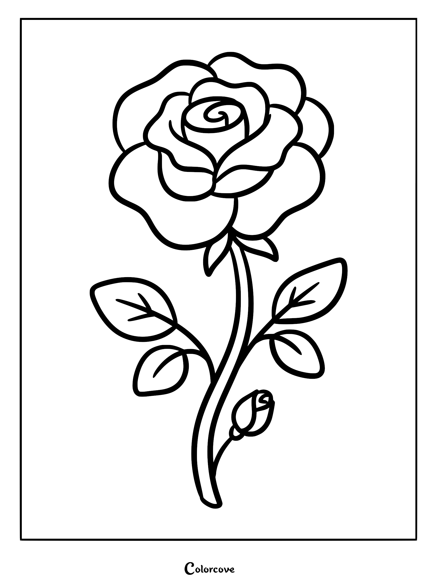 A simple line art coloring page featuring a blooming rose with four leaves and a small bud on the stem.