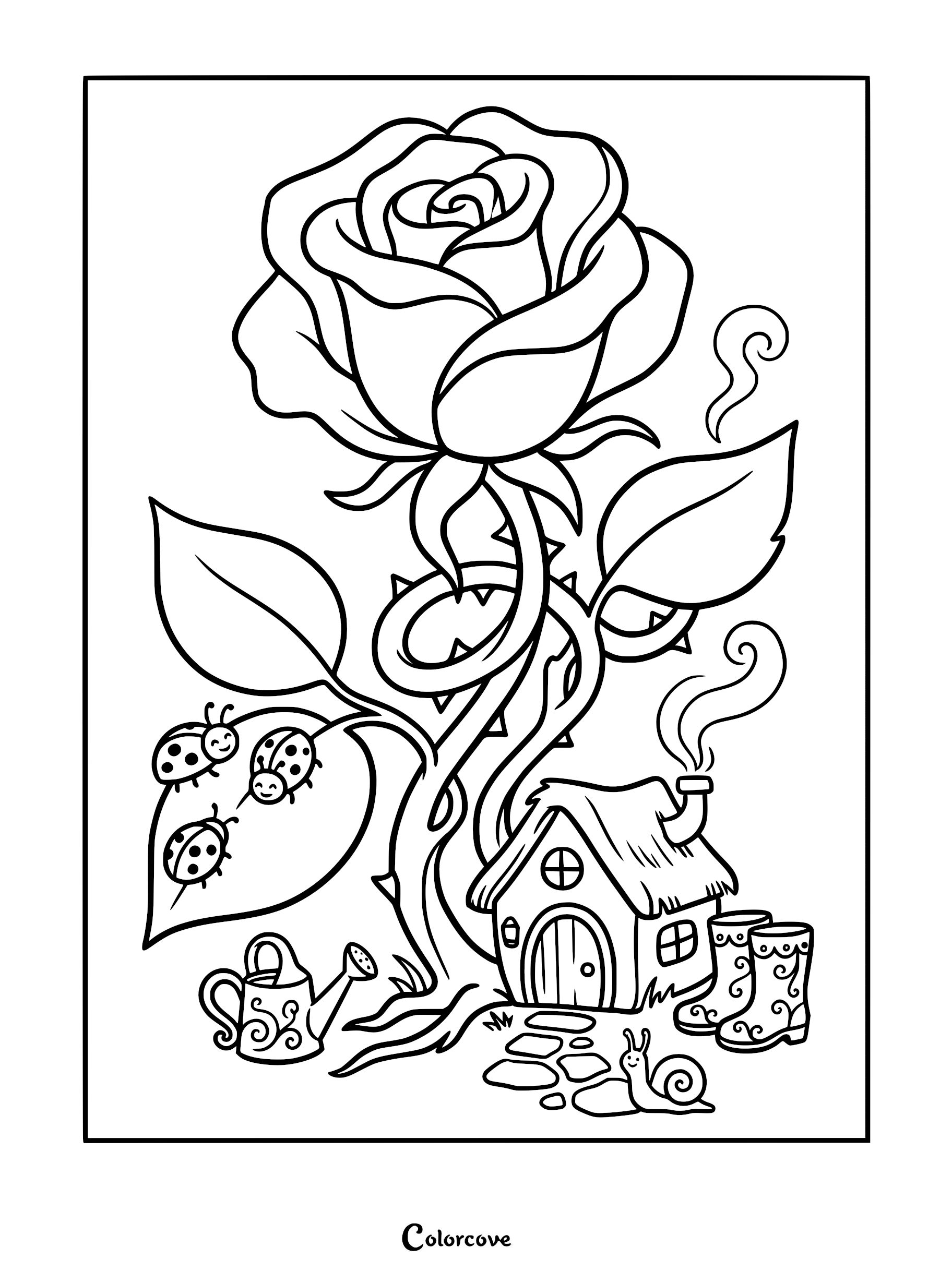 A detailed coloring page featuring a large rose, a tiny cottage, three ladybugs on a leaf, a watering can, and a smiling snail.