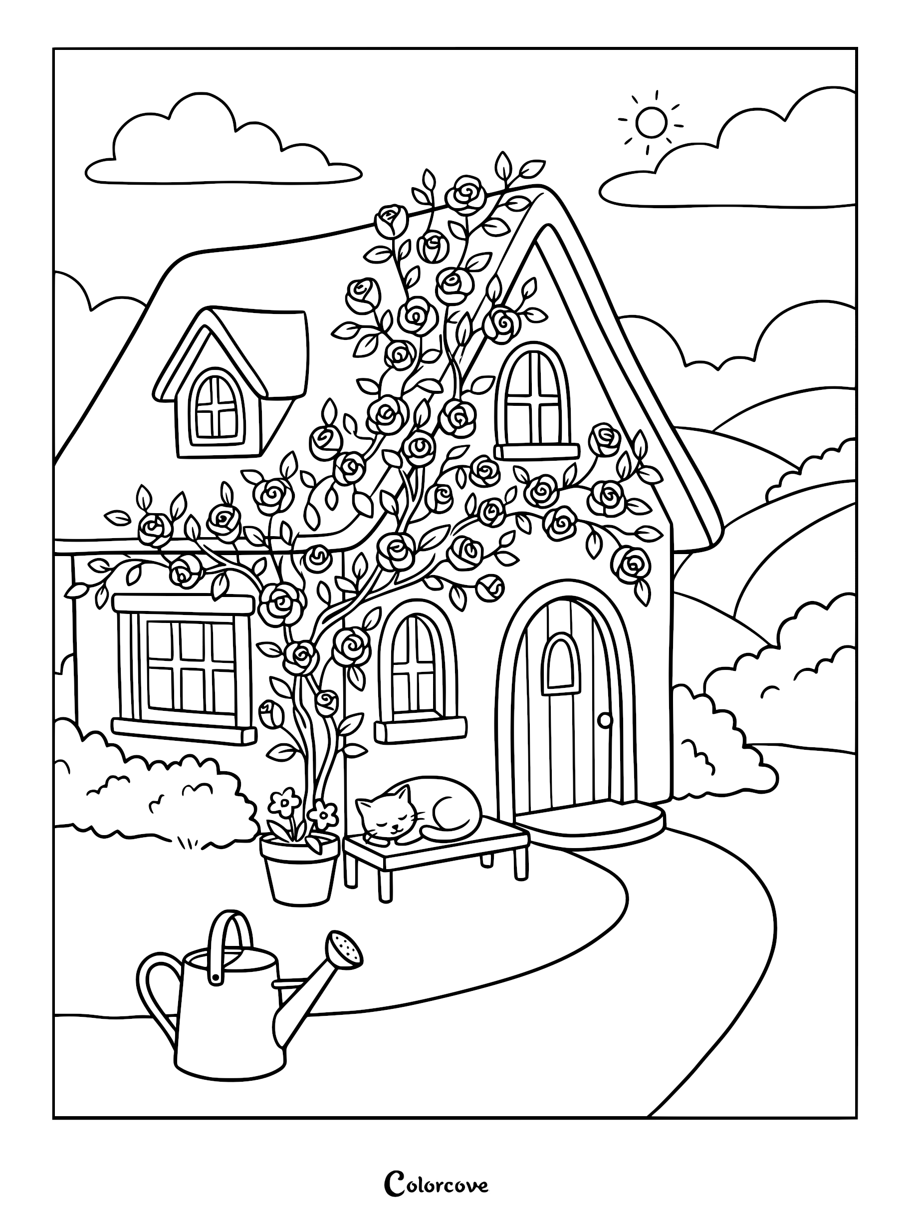 A coloring page featuring a cozy cottage covered in climbing rose vines with a cat sleeping on a bench and a watering can in the foreground.