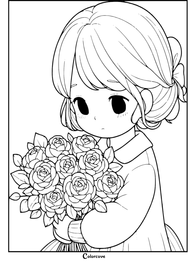 A cute anime-style girl holding a large bouquet of roses in this free printable coloring page.