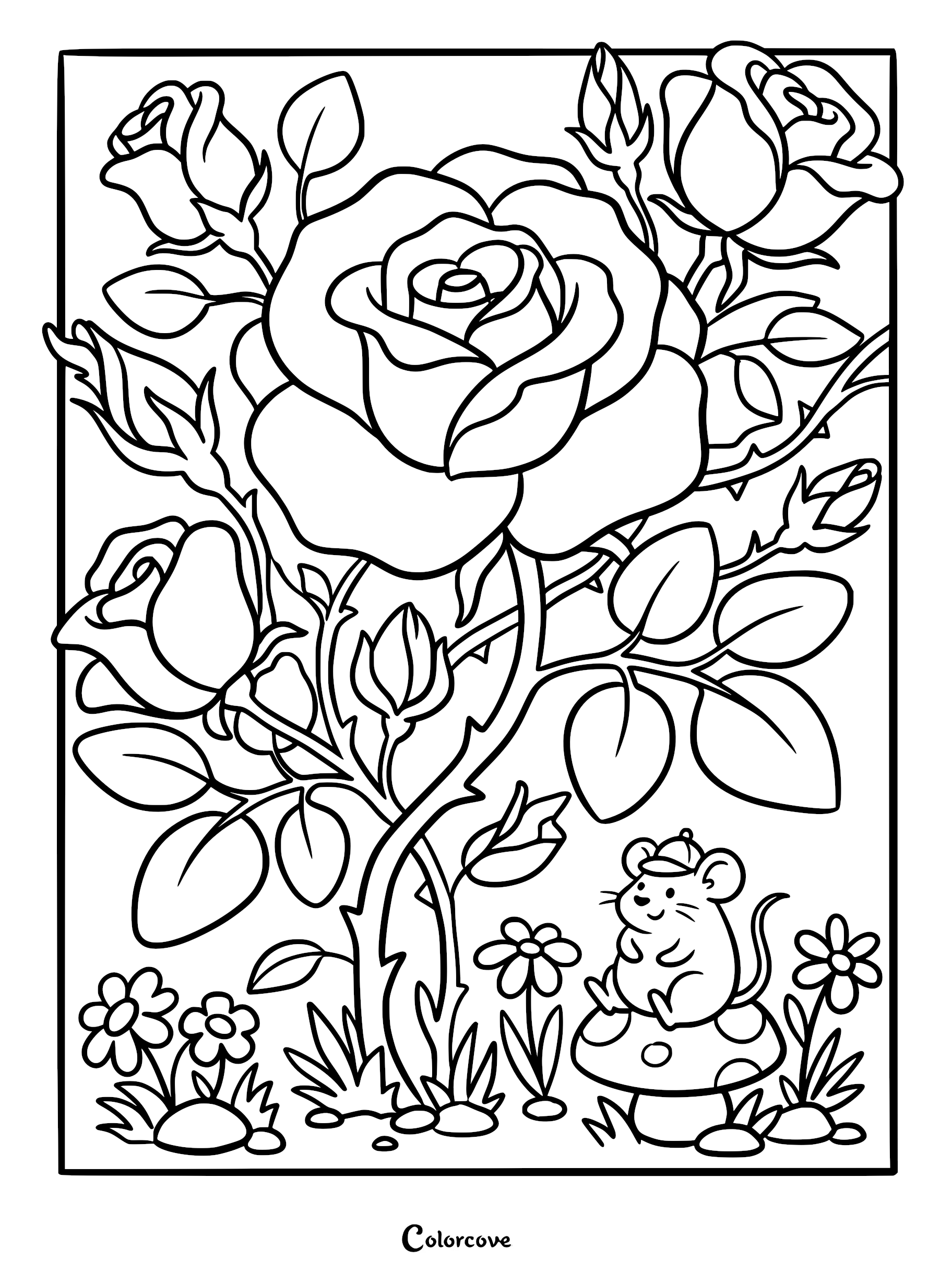A cute mouse wearing a cap sitting on a spotted mushroom beneath a large rose bush with blooming flowers and buds in this printable coloring page.