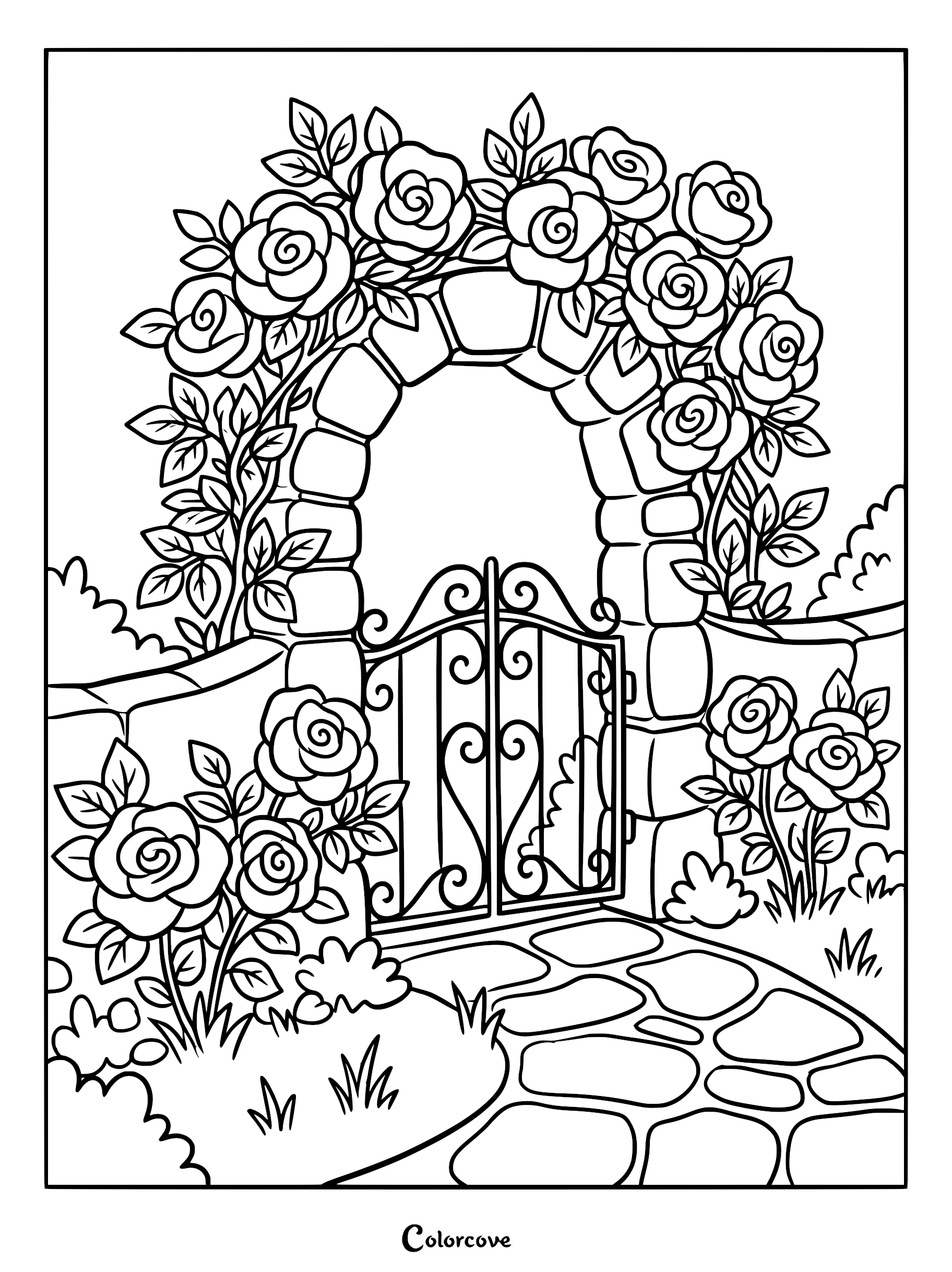 A stone archway covered in blooming roses with a wrought iron gate and a cobblestone path in this printable coloring page.