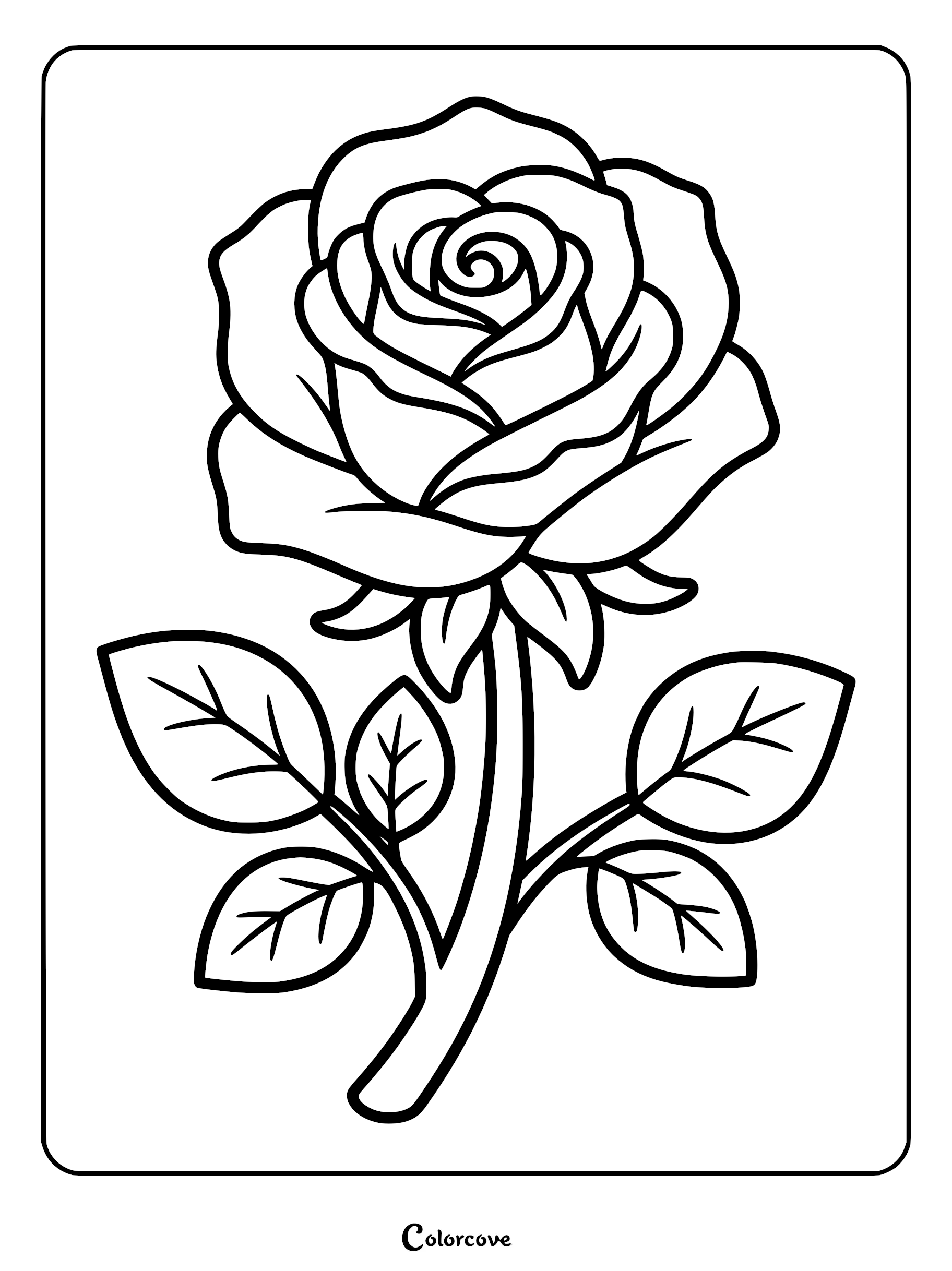 A simple rose coloring page featuring a single blooming flower with four leaves on the stem.