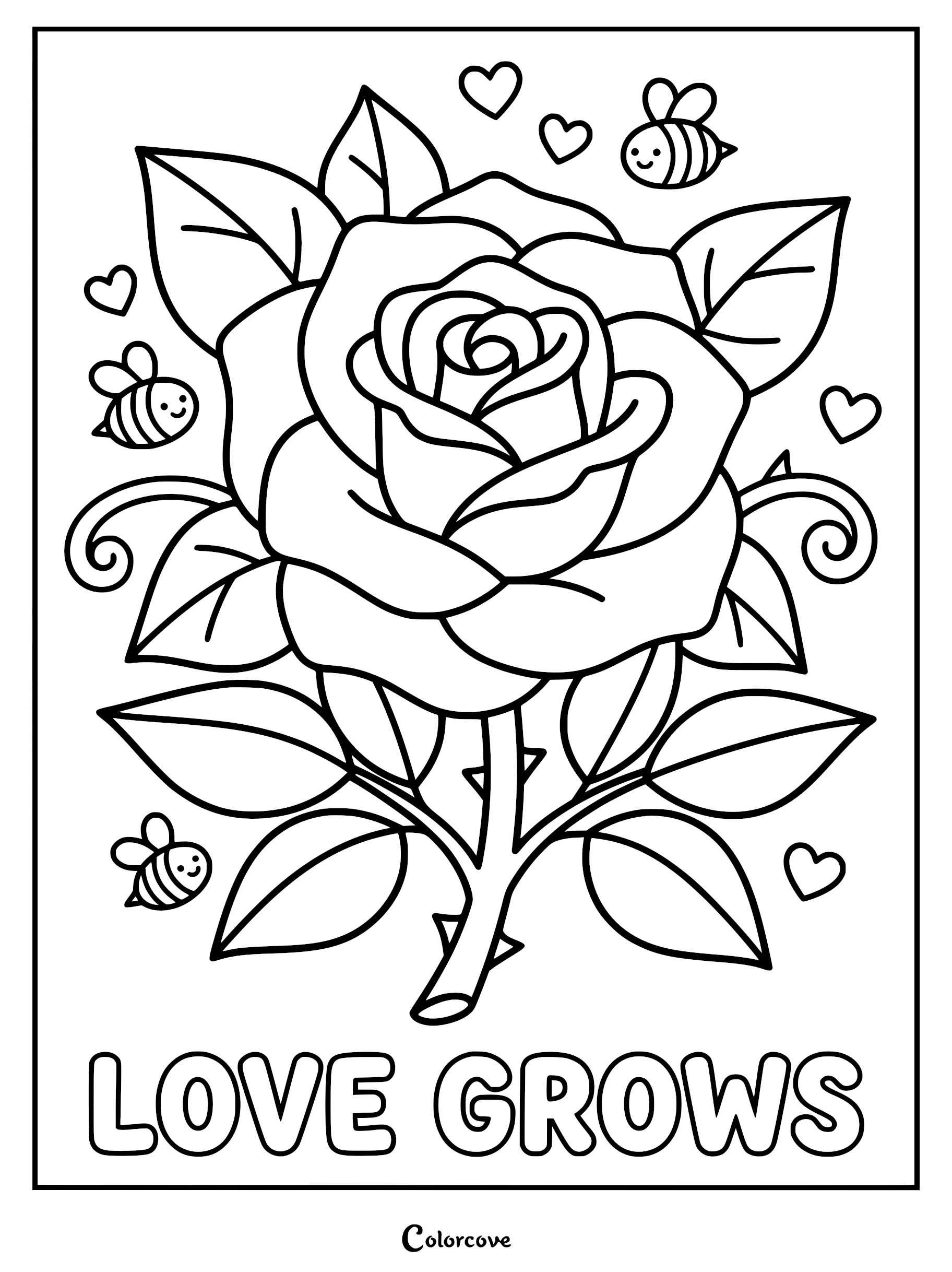 A detailed rose coloring page featuring a large blooming flower surrounded by three cute smiling bees and floating hearts with the text Love Grows at the bottom.
