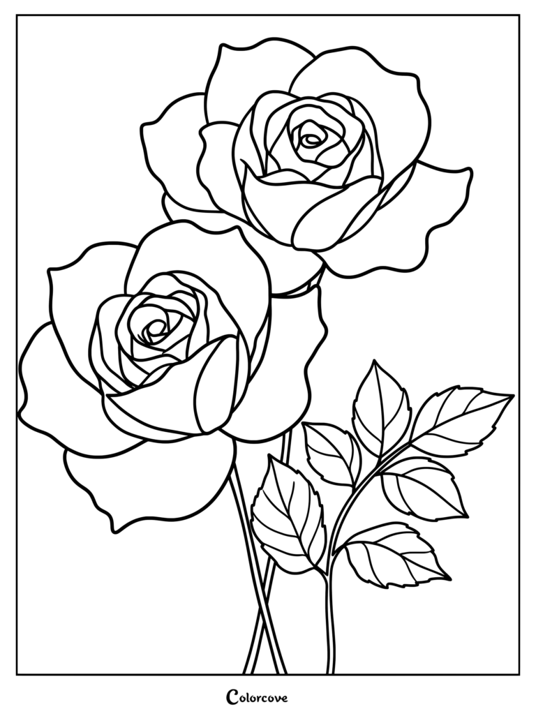 A printable coloring page featuring two blooming roses with detailed petals and a leafy stem.