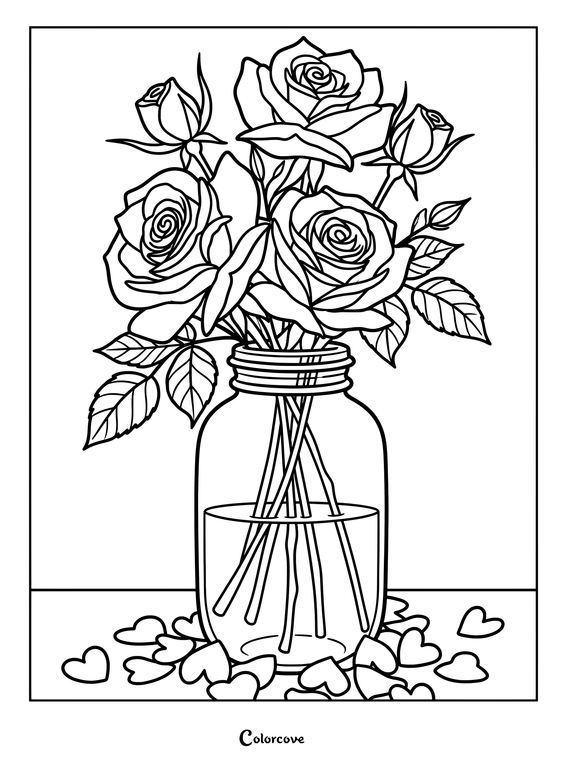 Un bouquet de roses dans un bocal en verre entouré de petits cœurs sur une table, dessin au trait détaillé à colorier.