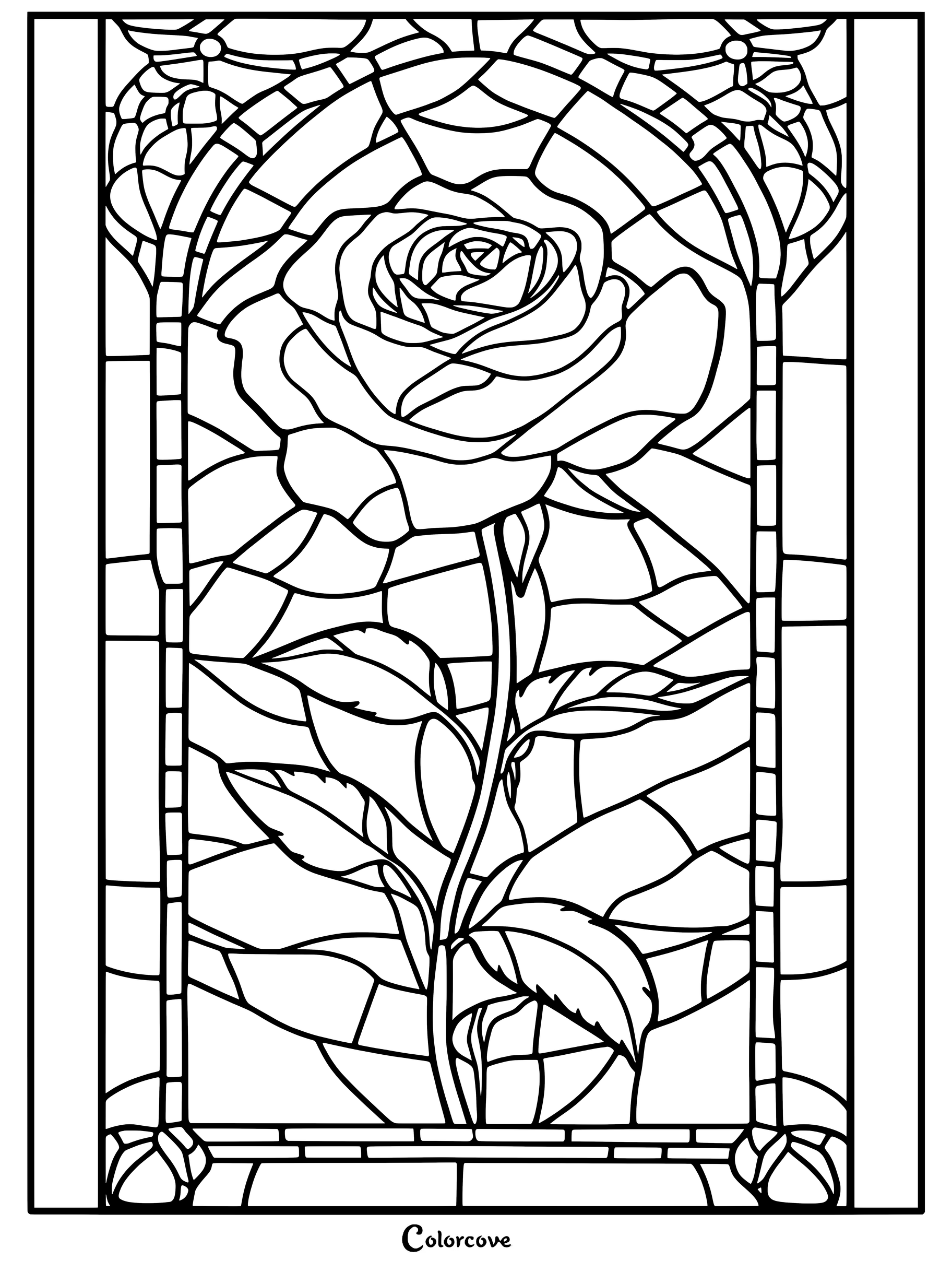 Une page de coloriage détaillée représentant une rose en vitrail, épanouie dans un cadre de fenêtre cintrée.