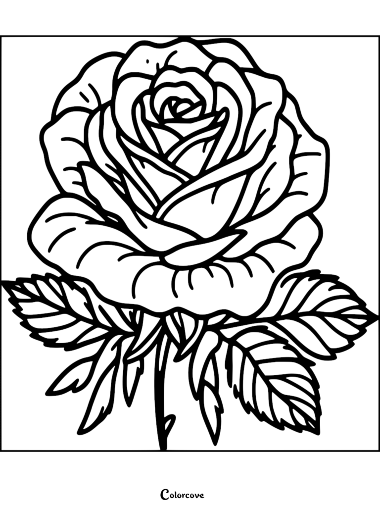 A detailed rose coloring page featuring a large blooming flower with layered petals and surrounding leaves.