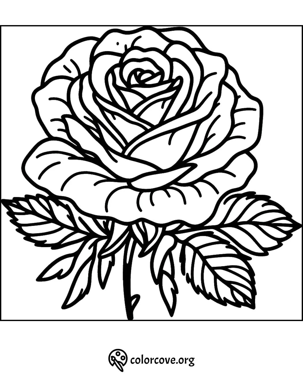 Beautiful rose coloring page with intricate petal and leaf details. Printable flower coloring sheet for kids and adults