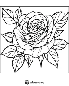 Rose flower coloring page for adults and kids, printable rose illustration with detailed petals and leaves to color.