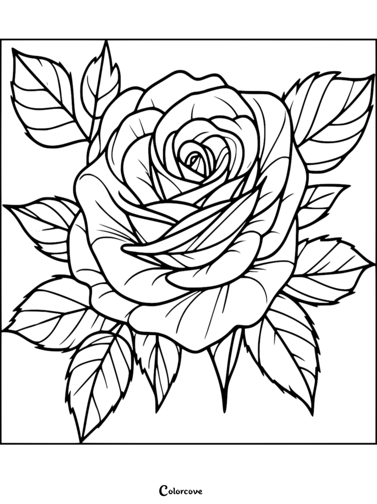 A detailed rose coloring page featuring a large, blooming flower surrounded by lush leaves in a clean line art style.