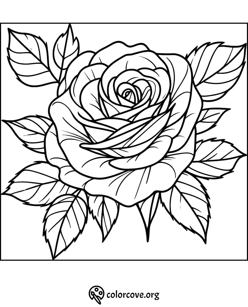 Rose flower coloring page for adults and kids, printable rose illustration with detailed petals and leaves to color.