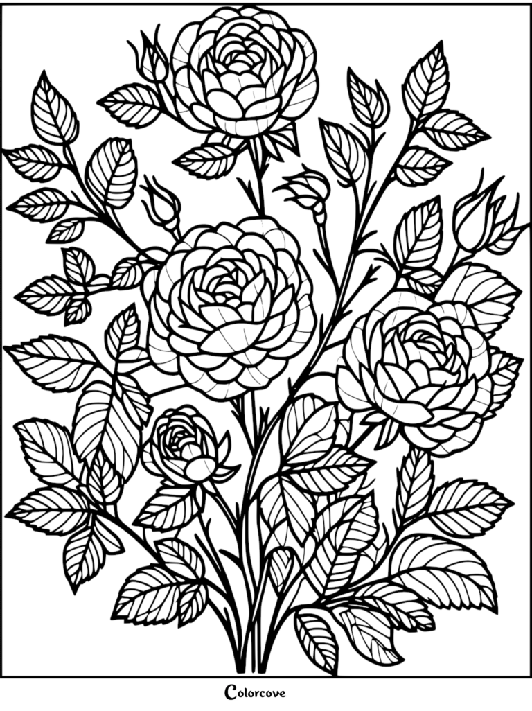 A detailed rose coloring page featuring a lush bouquet of blooming roses and delicate buds with intricate leaf patterns.