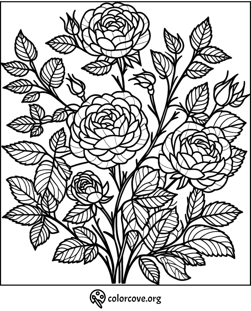 Coloring page of a detailed bouquet with blooming roses and leaves, perfect for adult coloring enthusiasts.