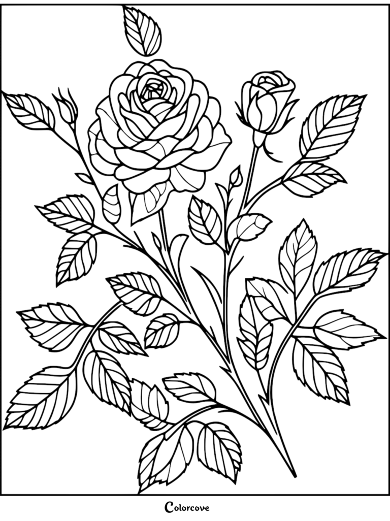 A detailed rose coloring page featuring a large blooming rose, a rosebud, and lush leaves on a thorny stem.