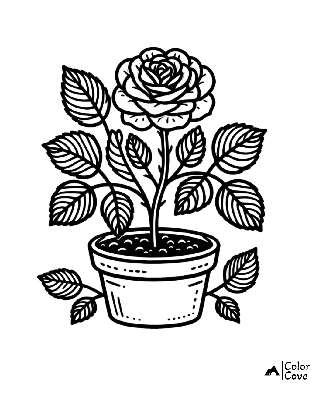 Coloring page of a potted rose plant with detailed leaves and petals, perfect for kids' art activities and relaxation.