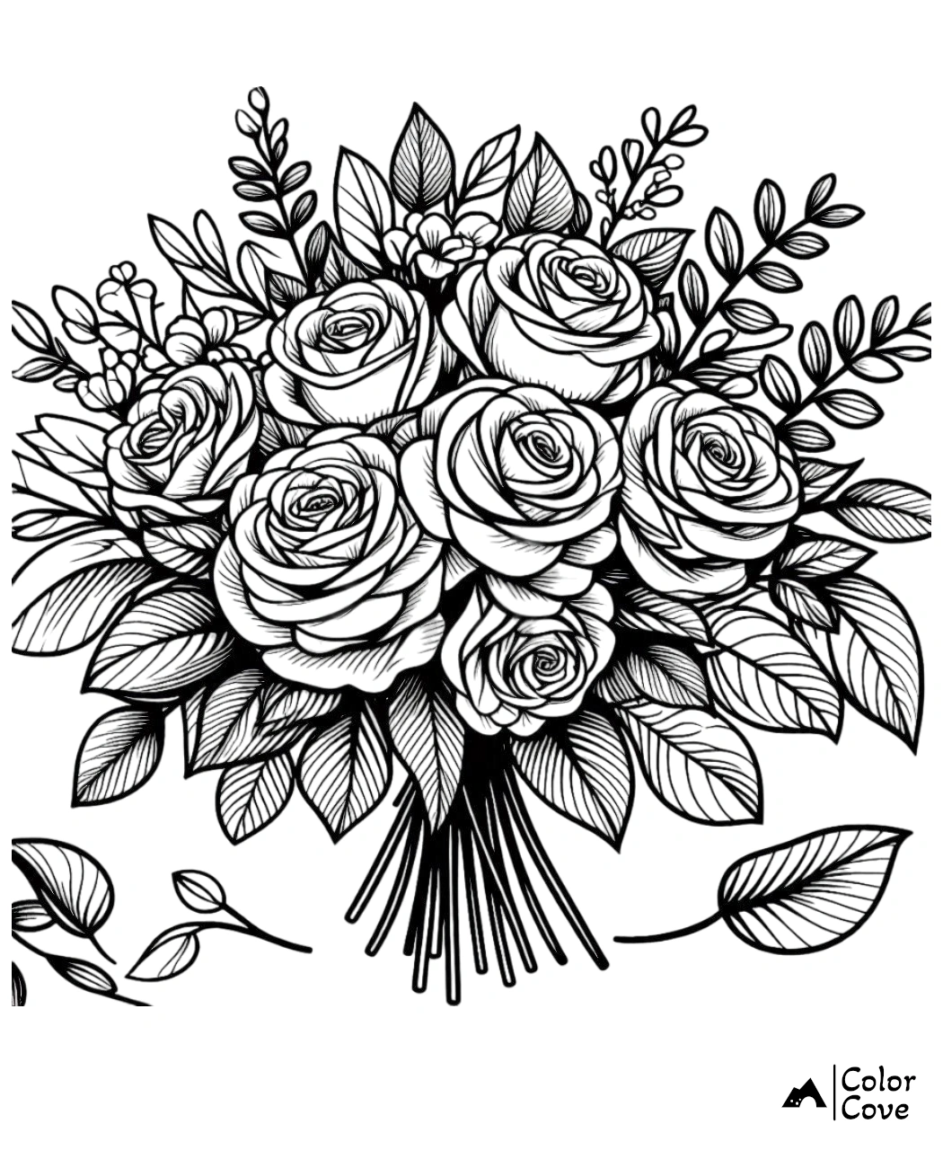 Coloring page with a detailed bouquet of roses and leaves, perfect for flower enthusiasts to color.