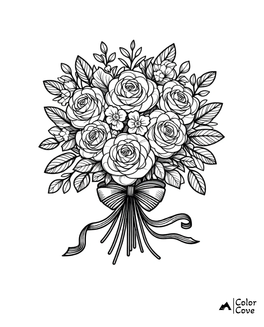 Coloring page with a detailed bouquet of roses tied with a ribbon, perfect for adult coloring enthusiasts and floral art lovers.