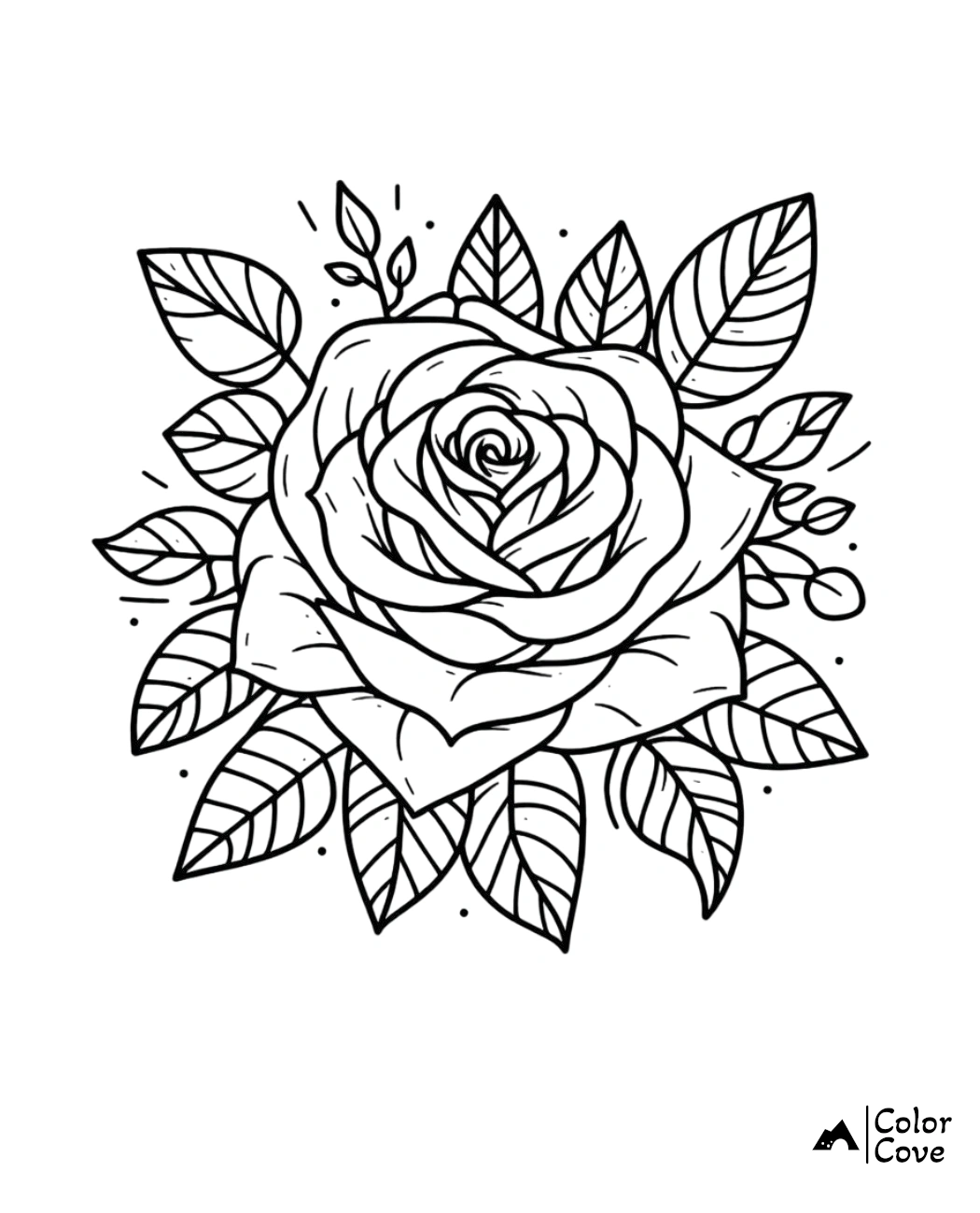 Outline of a rose with detailed leaves, ready to be colored in. Perfect for floral adult coloring pages and art therapy.