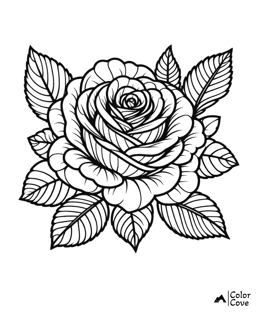 Rose coloring page with intricate petal and leaf design, ready for coloring. Ideal for relaxation and creativity.