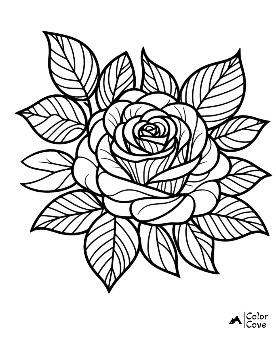 Intricate rose and leaves coloring page, perfect for kids and adults, detailed floral line art for coloring enthusiasts.