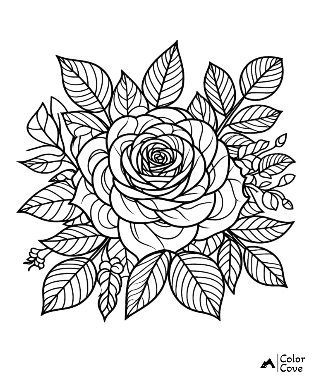 Intricate flower coloring page featuring a detailed rose with leaves, perfect for relaxing and creative coloring activities.