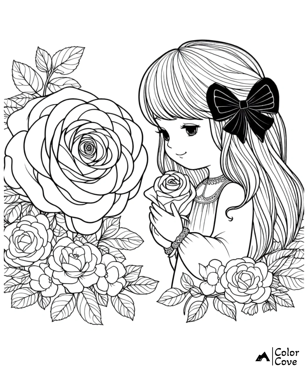 Girl holding a flower surrounded by roses coloring page | Floral coloring page for kids and adults | Color Cove