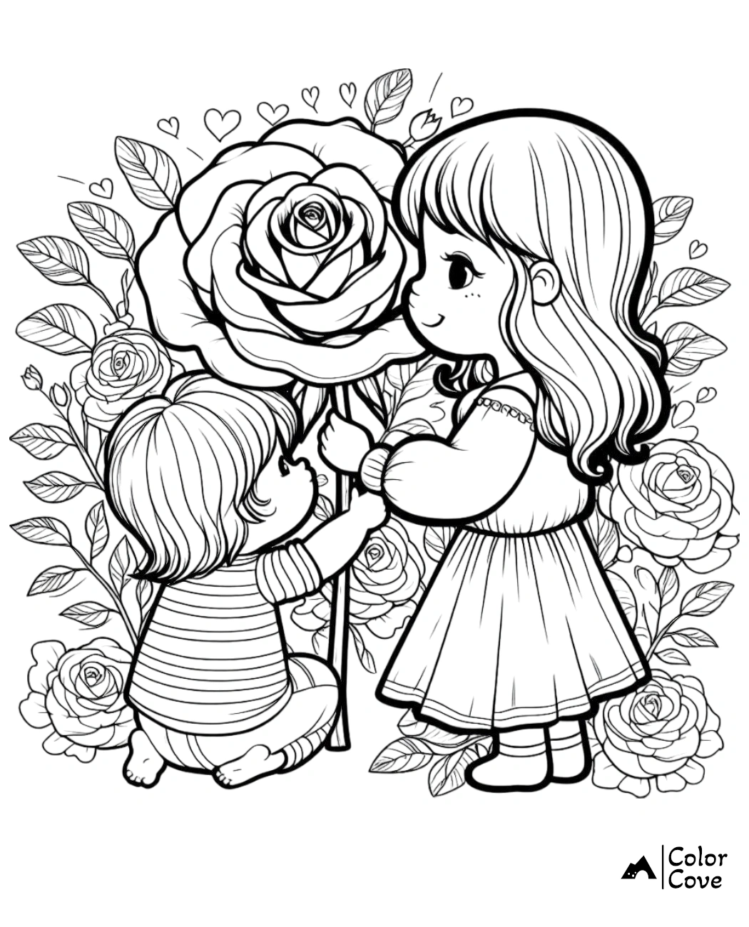 Coloring page featuring two children with a giant rose, surrounded by smaller flowers and hearts, perfect for kids.