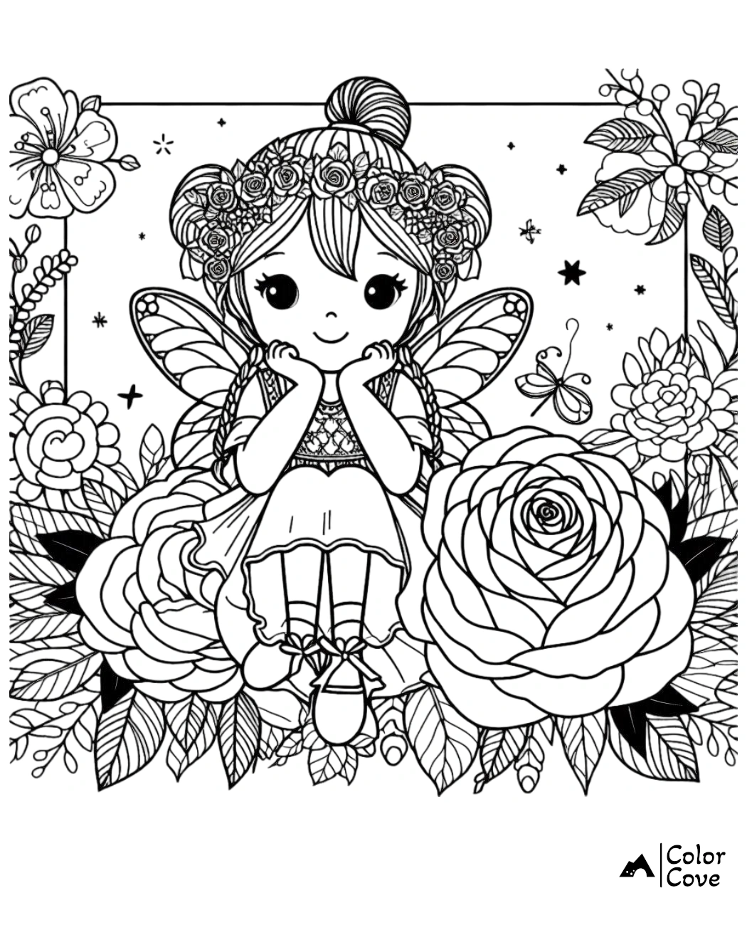 Fairy girl coloring page with floral background, butterfly, and detailed patterns for kids and adults.