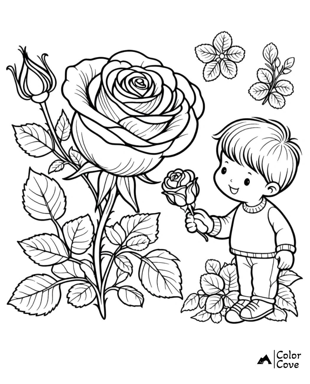 Child holding a rose near a large blooming rose and flowers. Printable coloring page for kids. Color Cove.