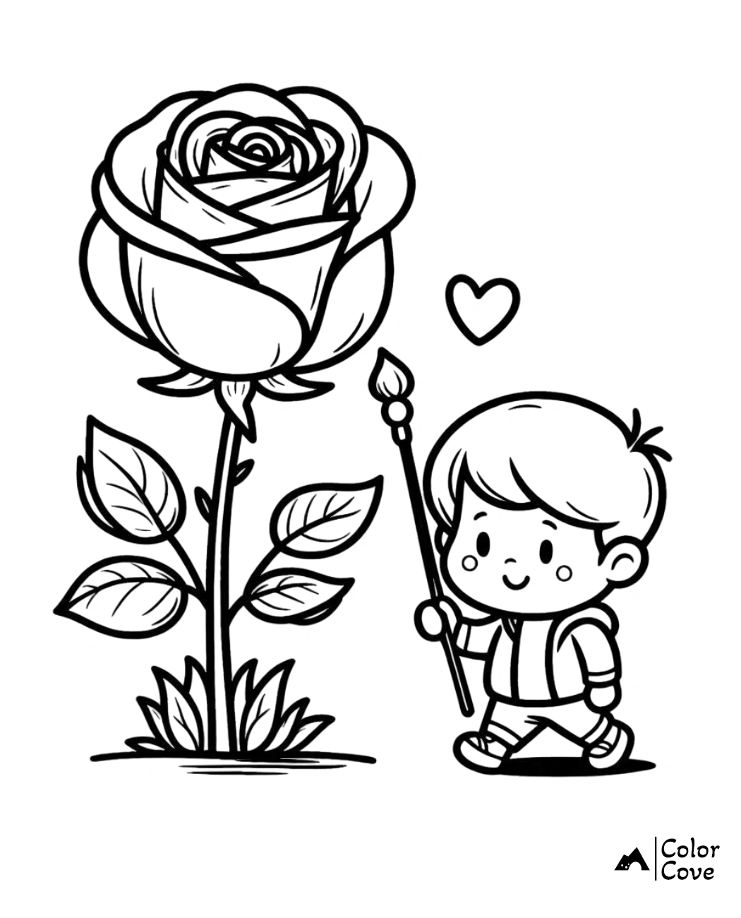 Cute coloring page of a boy painting a giant rose with love, perfect for kids. Fun activity to inspire creativity.