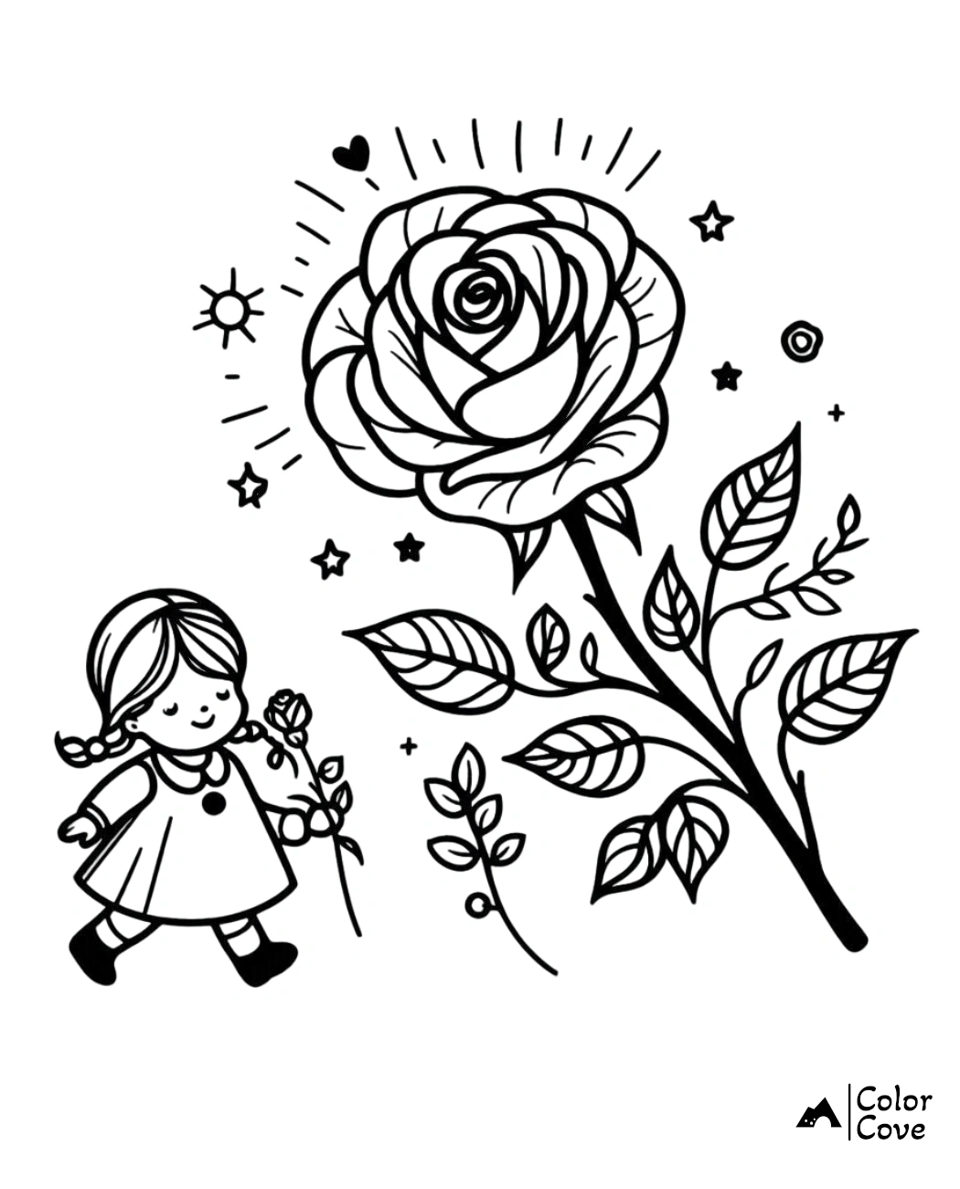 Coloring page with a cheerful girl holding a rose next to a giant blooming flower surrounded by stars and leaves.