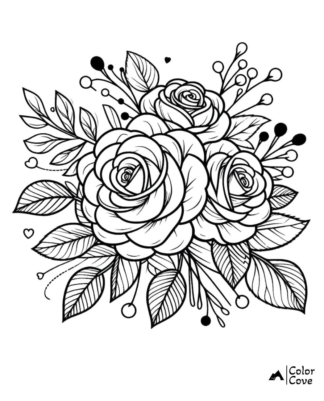 Beautiful floral bouquet coloring page featuring detailed roses and leaves by Color Cove. Perfect for relaxation.