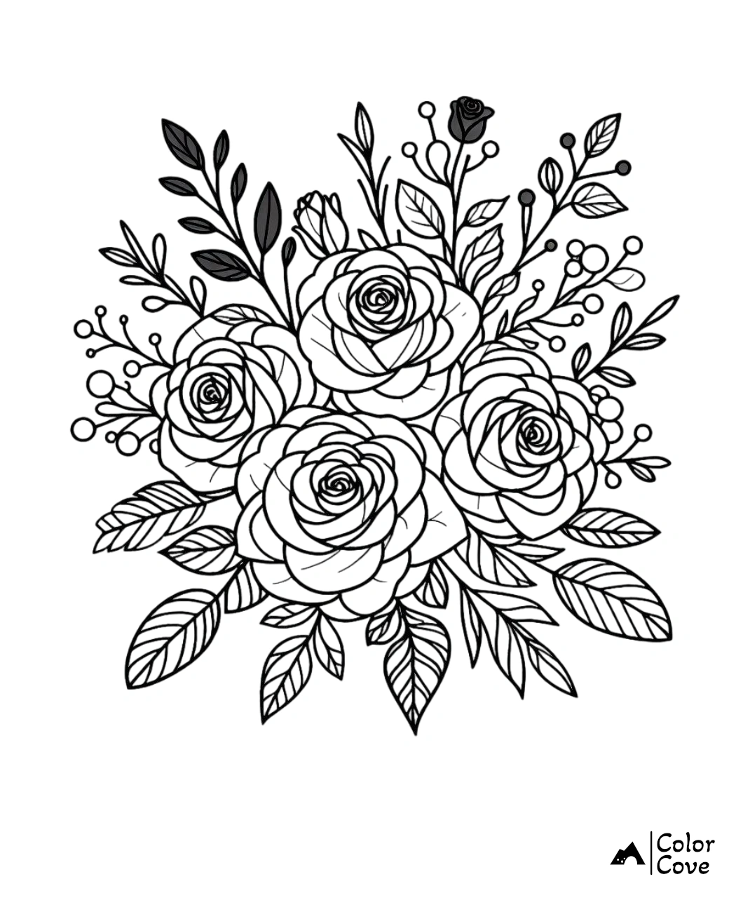 Bouquet of roses and leaves coloring page, intricate flower design for adults and kids, printable art by Color Cove.